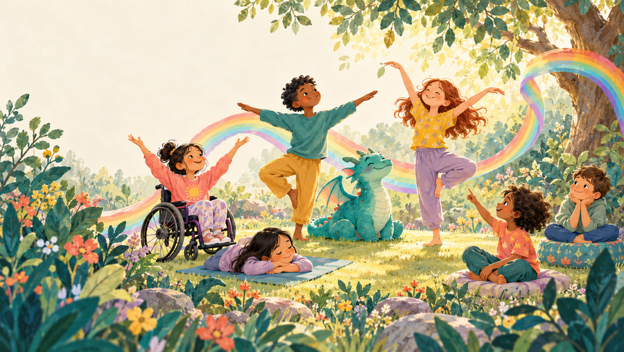 Illustration of children moving, resting and imagining together with a friendly dragon beneath a flowing rainbow.