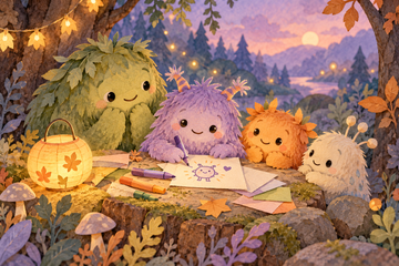 Friendly imaginary monsters draw a pocket pal beside a paper lantern in an autumn forest. Original illustration.