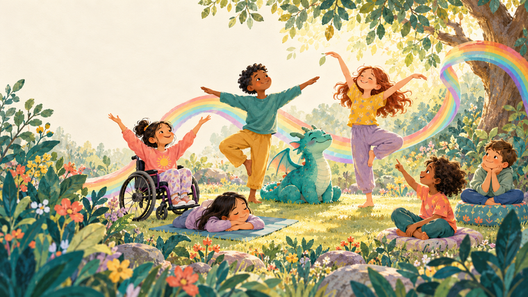 Illustration of children moving, resting and imagining together with a friendly dragon beneath a flowing rainbow.
