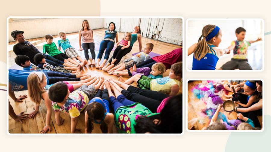 Rainbow Yoga photo collage showing a family yoga circle, children playing together and a child exploring a singing bowl.