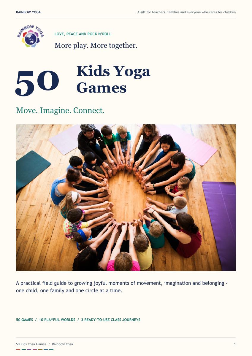 Cover of the free Rainbow Yoga guide: 50 Kids Yoga Games, Move, Imagine, Connect